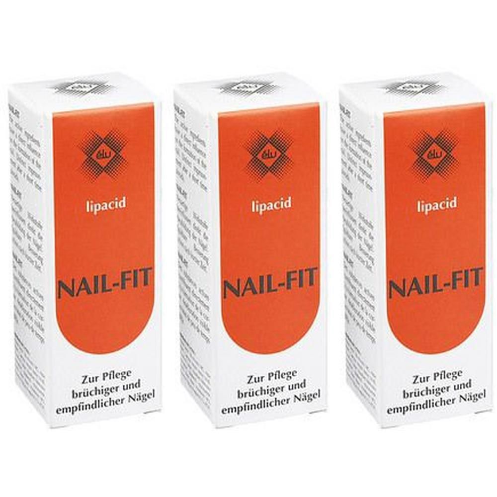 Drei Schachteln "NAIL-FIT lipacid" zur Pflege brüchiger Nägel.