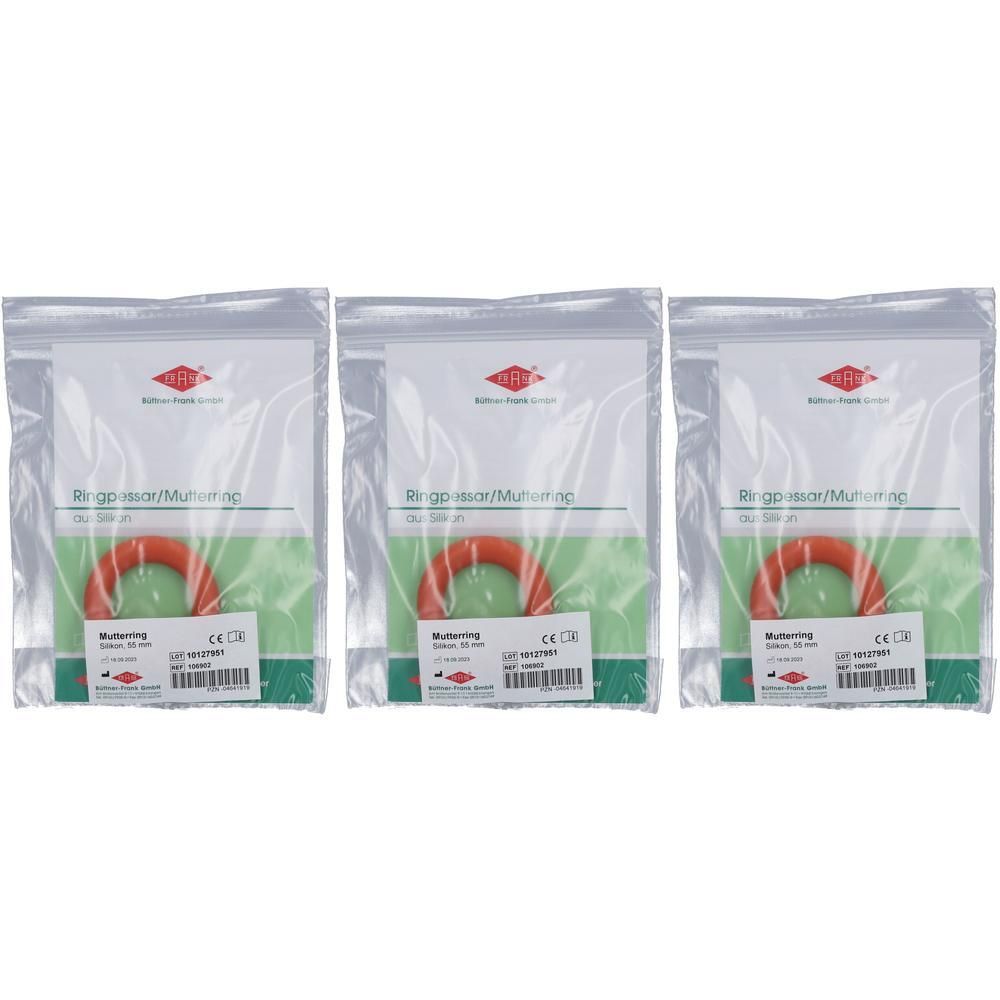 Drei einzeln verpackte, orangefarbene Silikonringe mit je 55 mm Durchmesser.
