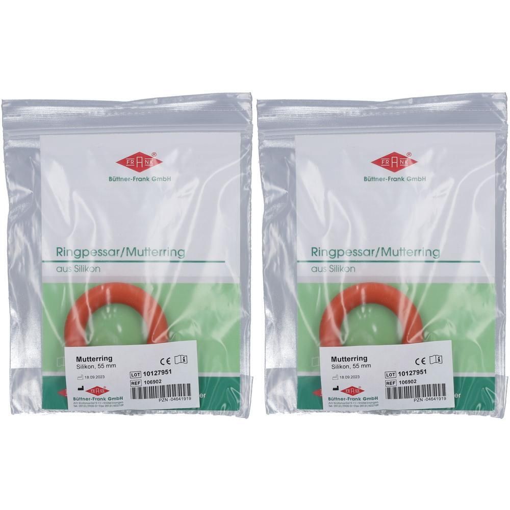 Zwei Ringpessare/Mutterringe aus Silikon, 55 mm, in Einzelverpackungen.