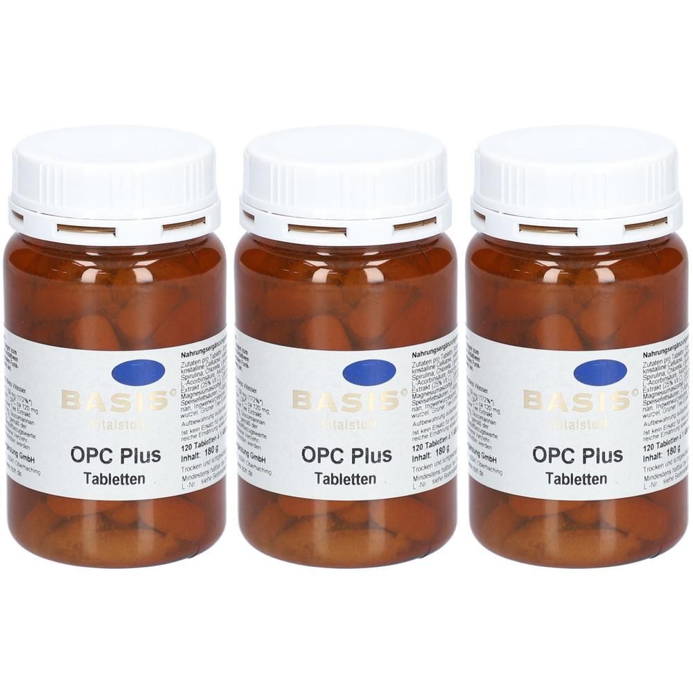 Drei braune Flaschen mit weißen Verschlüssen, die OPC Plus Tabletten enthalten. Jede Flasche hat ein Etikett mit dem Markennamen BASIS und Produktinformationen.
