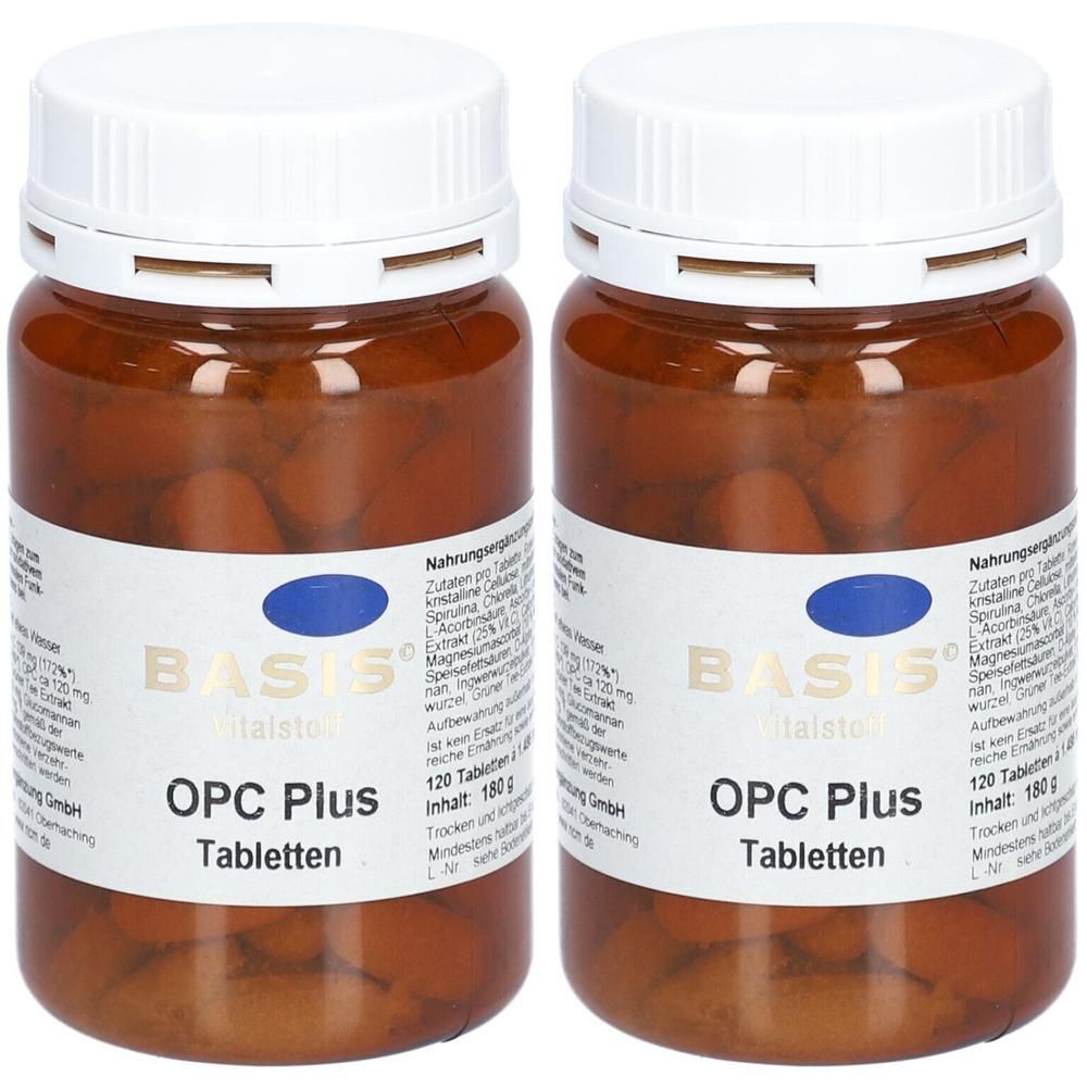 Zwei Flaschen BASIS OPC Plus Tabletten, braune Kunststoffbehälter mit weißen Schraubverschlüssen, 120 Tabletten pro Flasche.