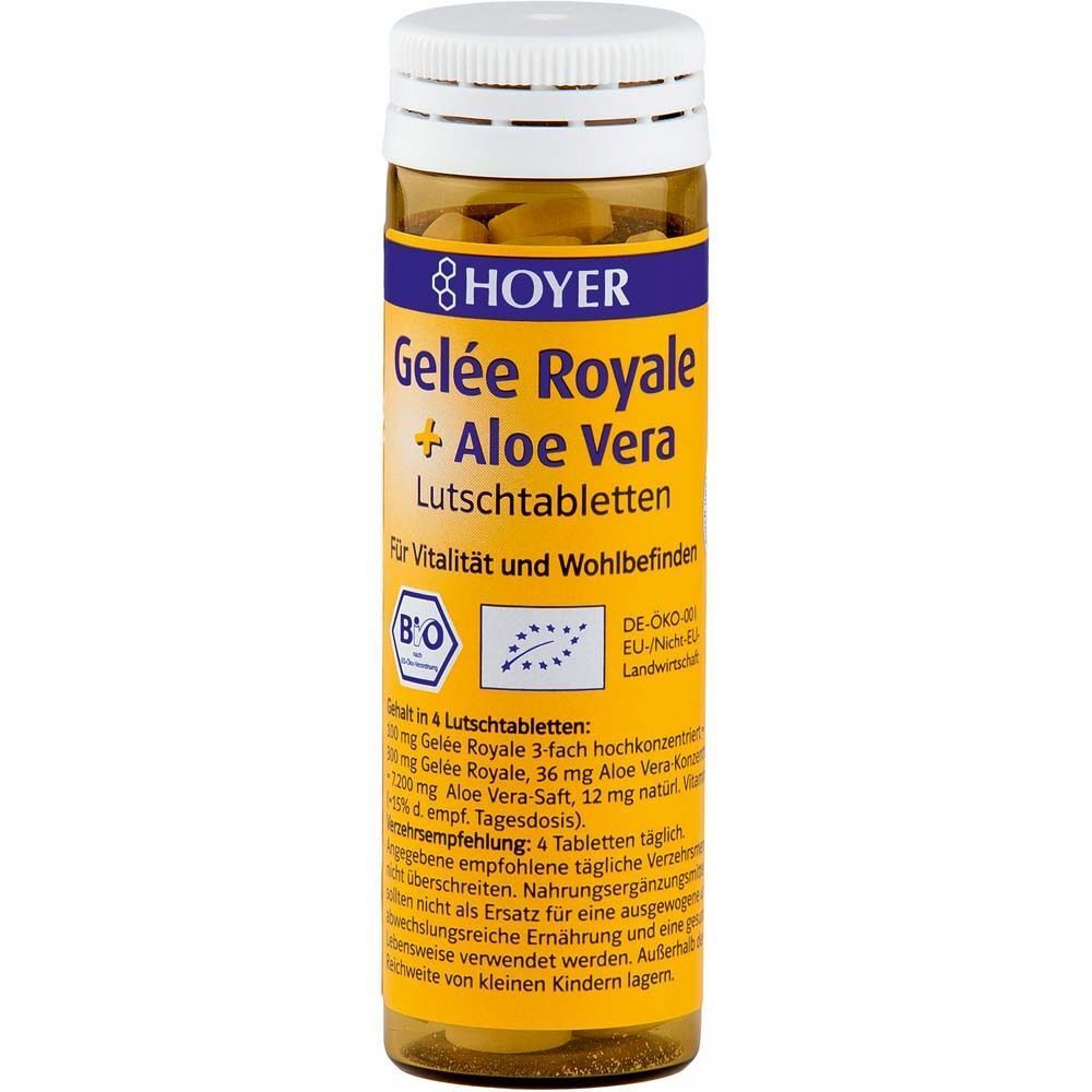 Eine Flasche HOYER Gelée Royale + Aloe Vera Lutschtabletten mit Bio-Siegeln und verstreuten Tabletten davor.