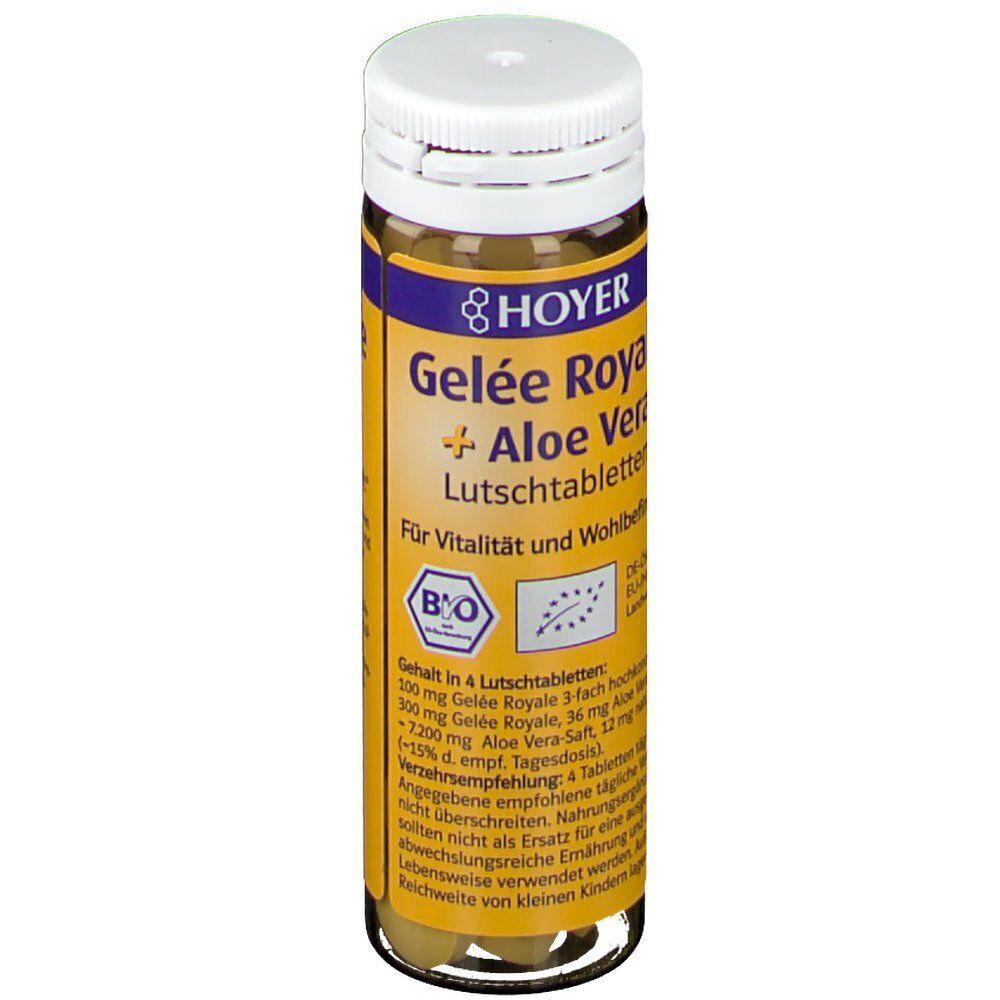 Eine Flasche HOYER Gelée Royale + Aloe Vera Lutschtabletten, seitliche Ansicht mit Bio-Siegeln.
