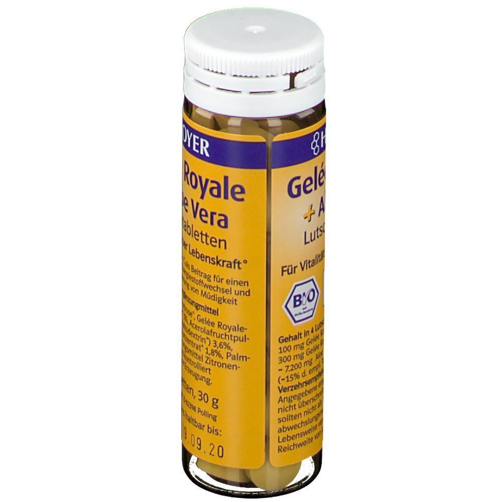 Flasche HOYER Gelee Royale + Aloe Vera Lutschtabletten, Rückseite mit Informationen.