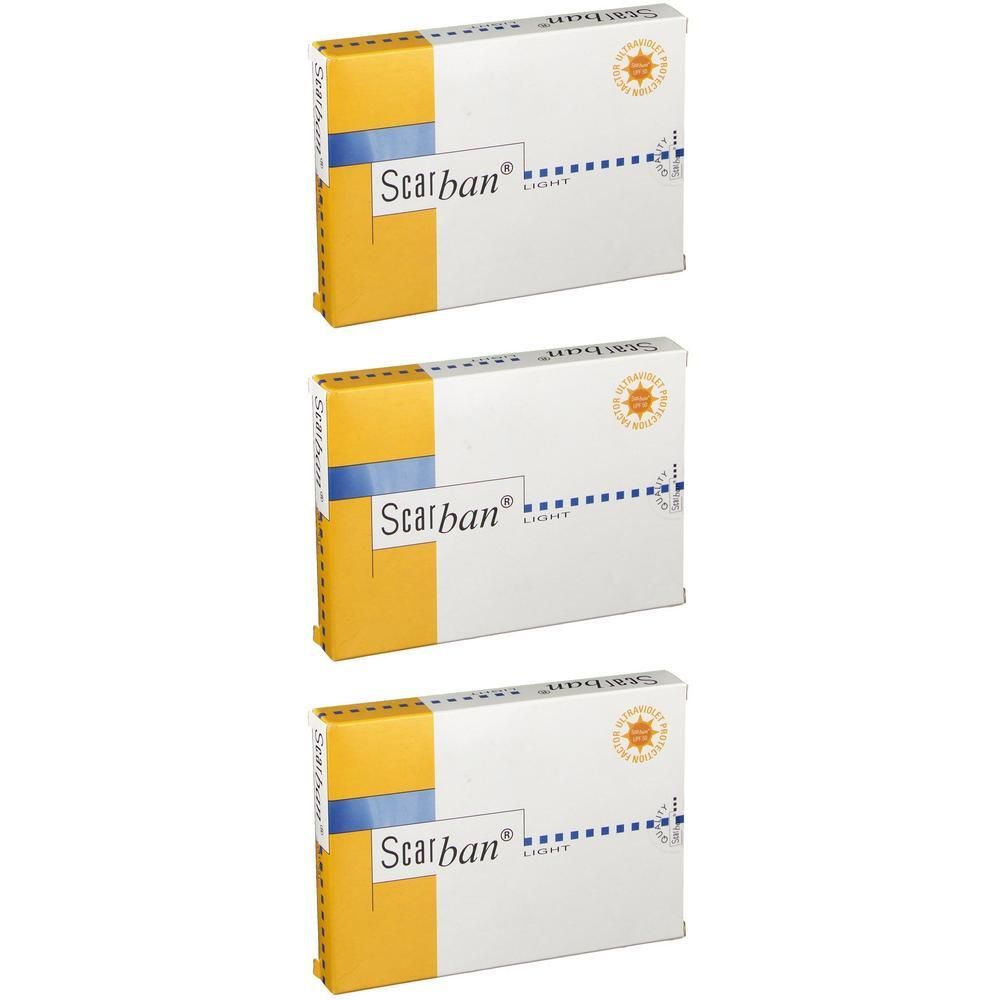 Drei Scarban Light Silikonverband-Verpackungen, weiß mit gelben und blauen Akzenten.