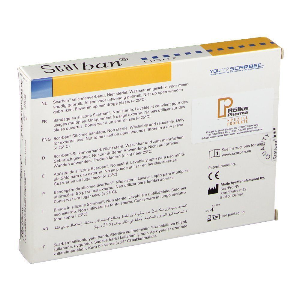 Rückseite einer Scarban Light Silikonverband-Verpackung mit mehrsprachigen Anwendungshinweisen.