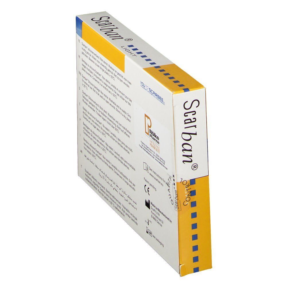 Seite einer Scarban Light Silikonverband-Verpackung mit Produktinformationen und CE-Kennzeichnung.
