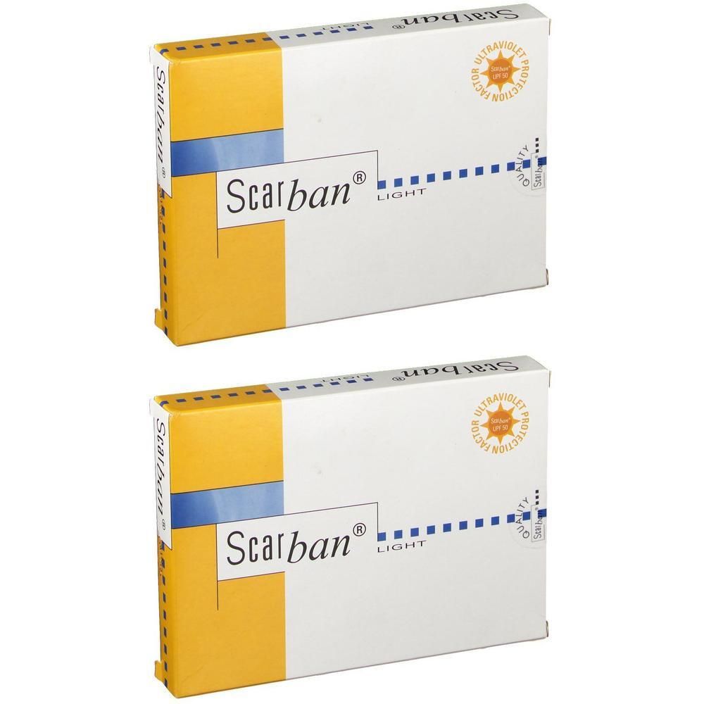 Zwei Packungen Scarban Light Silikonverband, 10x15 cm. Weiße Kartonverpackung mit gelben und blauen Akzenten.