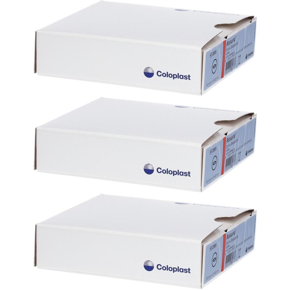 Drei weiße Coloplast ASSURA® Produktboxen, übereinander gestapelt. Logo und Produktbezeichnung sichtbar.