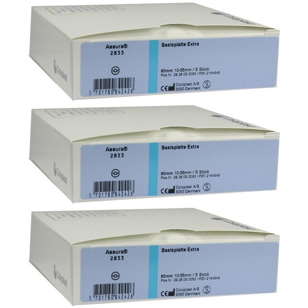 Drei Packungen Coloplast Assura Basisplatte Extra 2833, 10-55mm, 5 Stück pro Packung.