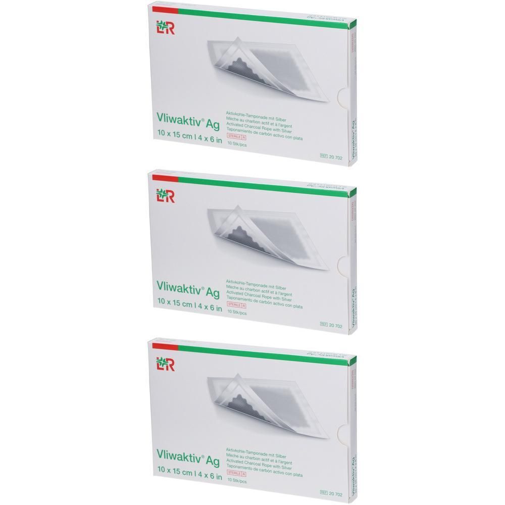 Drei Packungen Vliwaktiv® Ag Tamponade 10 cm x 15 cm. Silberhaltige Wundauflage mit Vliesstoff.