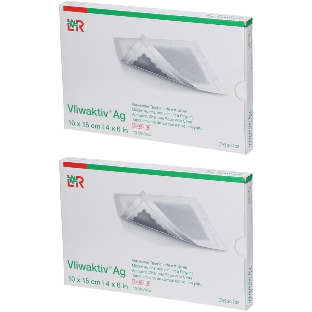 Zwei Packungen Vliwaktiv® Ag Tamponaden, 10 cm x 15 cm. Aktivkohle-Tamponade mit Silber.