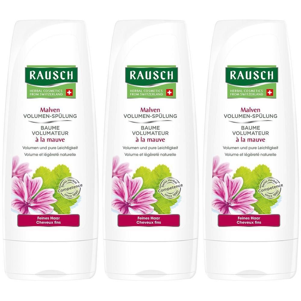 Drei RAUSCH Malven Volumen-Spülungen mit Malvenblüten-Illustration. Für feines Haar.