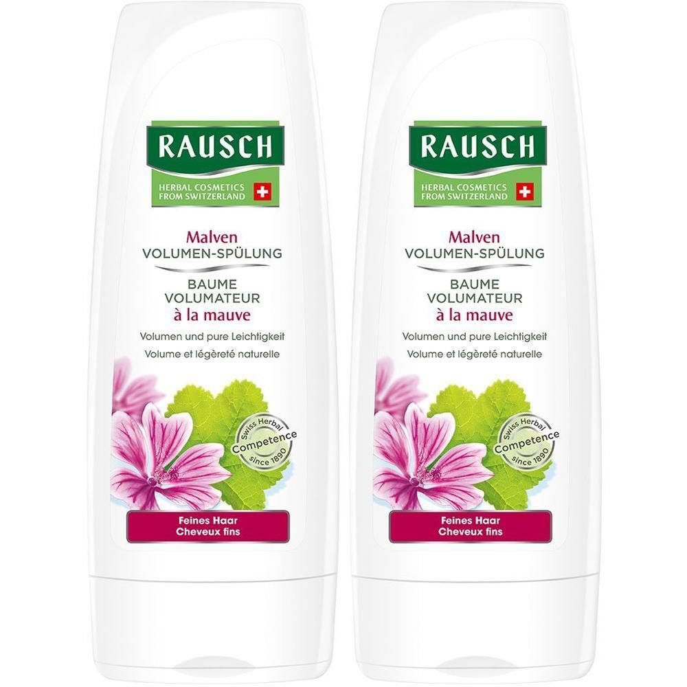 Zwei Flaschen RAUSCH Malven Volumen-Spülung mit Malvenblüten-Motiv. Für feines Haar.