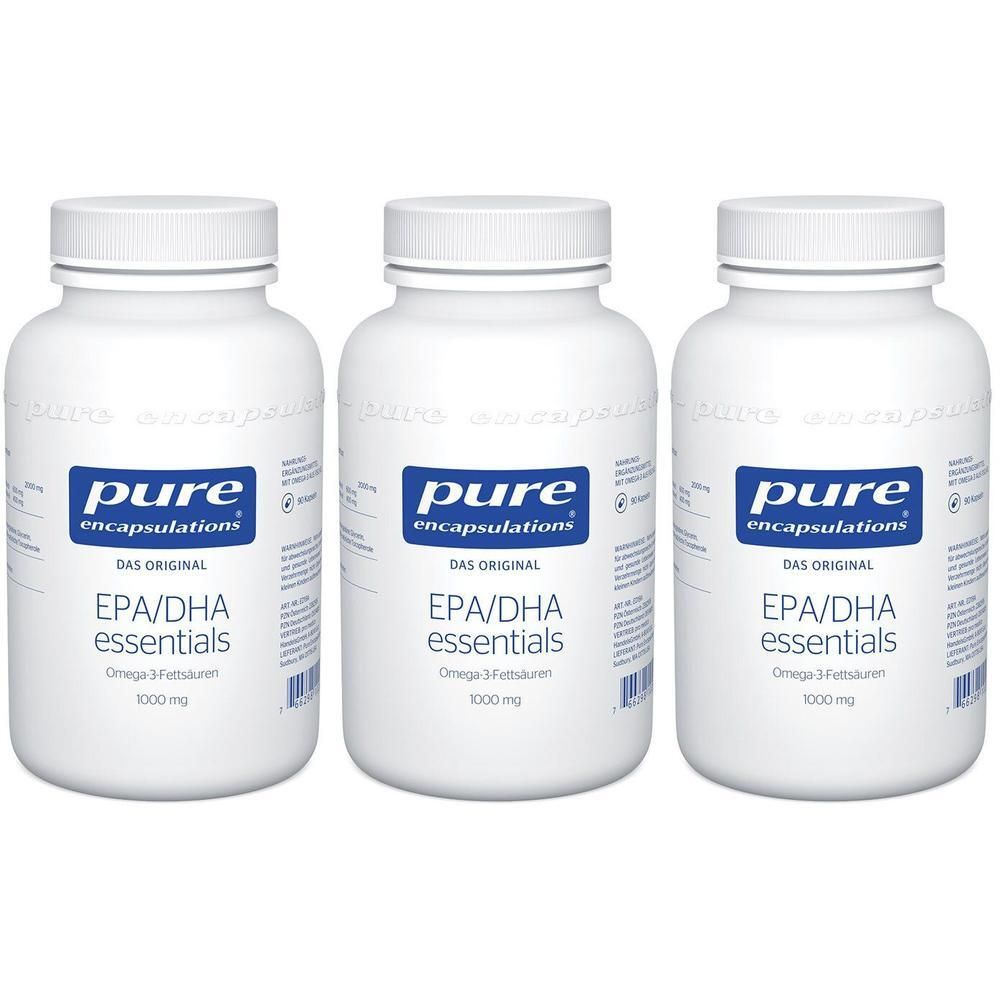 Drei Flaschen Pure Encapsulations EPA/DHA essentials Omega-3-Fettsäuren 1000 mg.