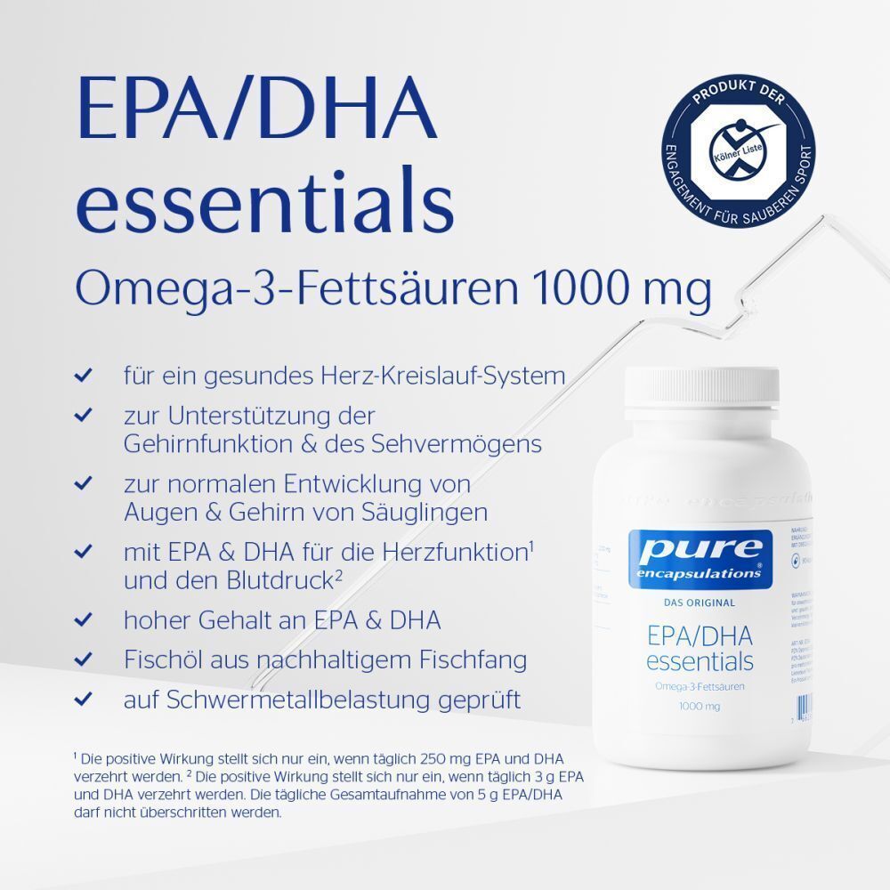 Flasche Pure Encapsulations EPA/DHA essentials Omega-3-Fettsäuren 1000 mg mit Produktinformationen.