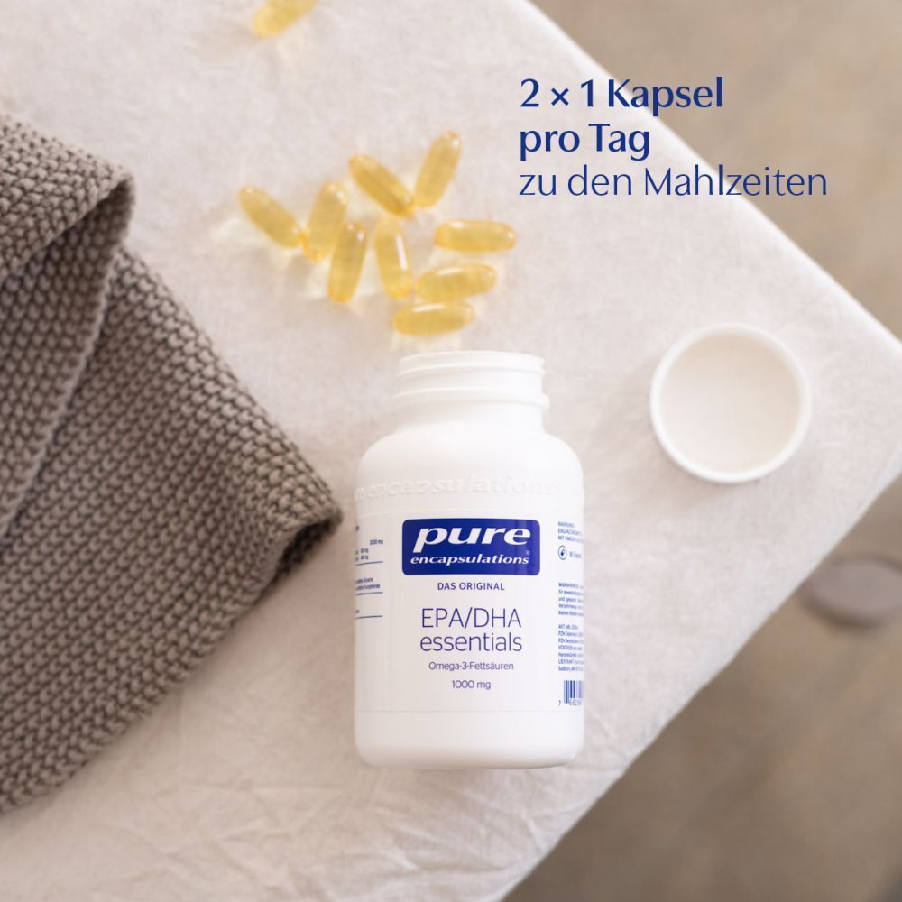 Flasche Pure Encapsulations EPA/DHA essentials Omega-3-Fettsäuren 1000 mg und Kapseln.