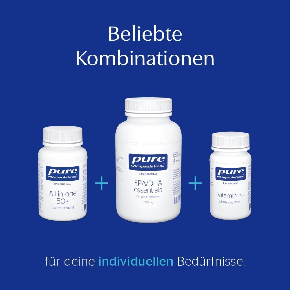 Drei Flaschen Pure Encapsulations: EPA/DHA essentials, All-in-one 50+, Vitamin B12.