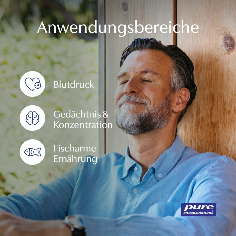 Mann entspannt mit Symbolen für Blutdruck, Gedächtnis und Fischernährung. Flasche Pure Encapsulations EPA/DHA essentials.