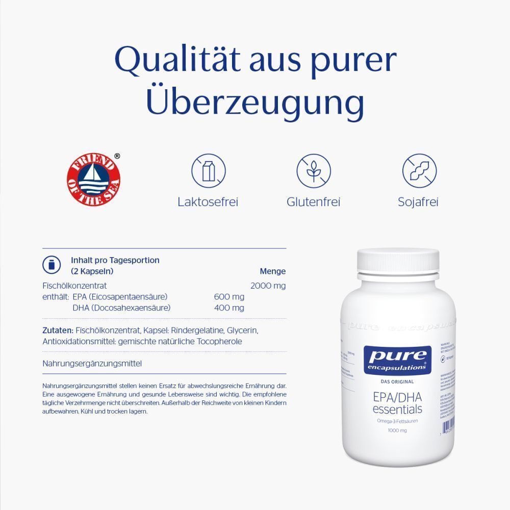 Flasche Pure Encapsulations EPA/DHA essentials 1000 mg mit Siegeln: Friend of the Sea, Laktosefrei, Glutenfrei, Sojafrei.