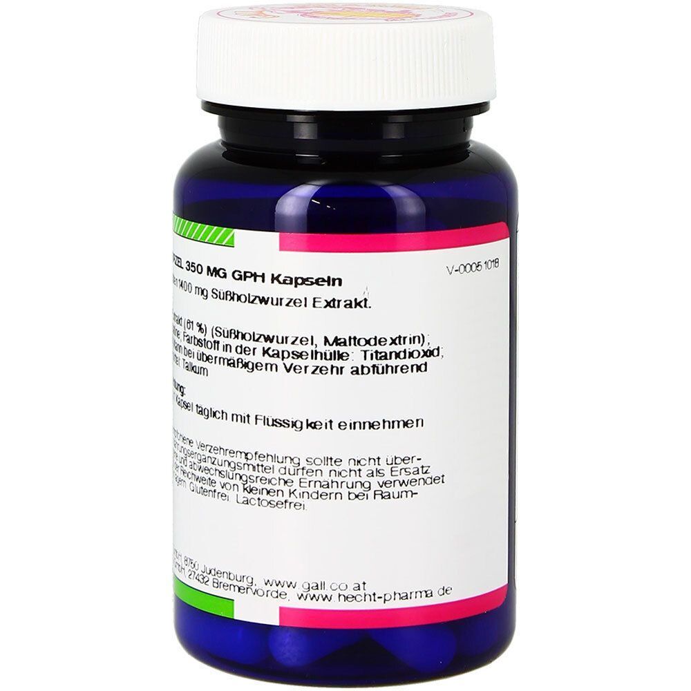 Rückseite einer Flasche Süßholzwurzel Kapseln von Gall Pharma, 350 mg GPH.