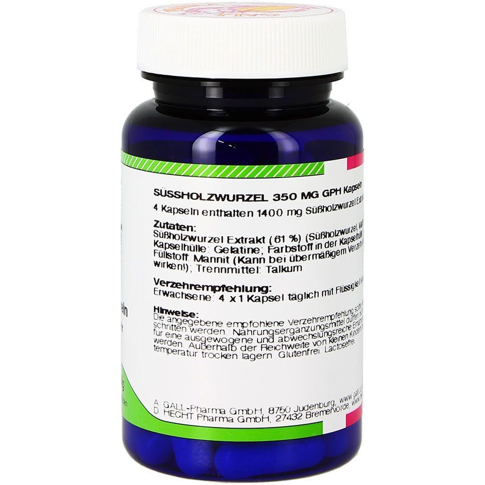 Rückseite einer Flasche Süssholzwurzel 350 mg GPH Kapseln mit Zutaten und Verzehrempfehlung.
