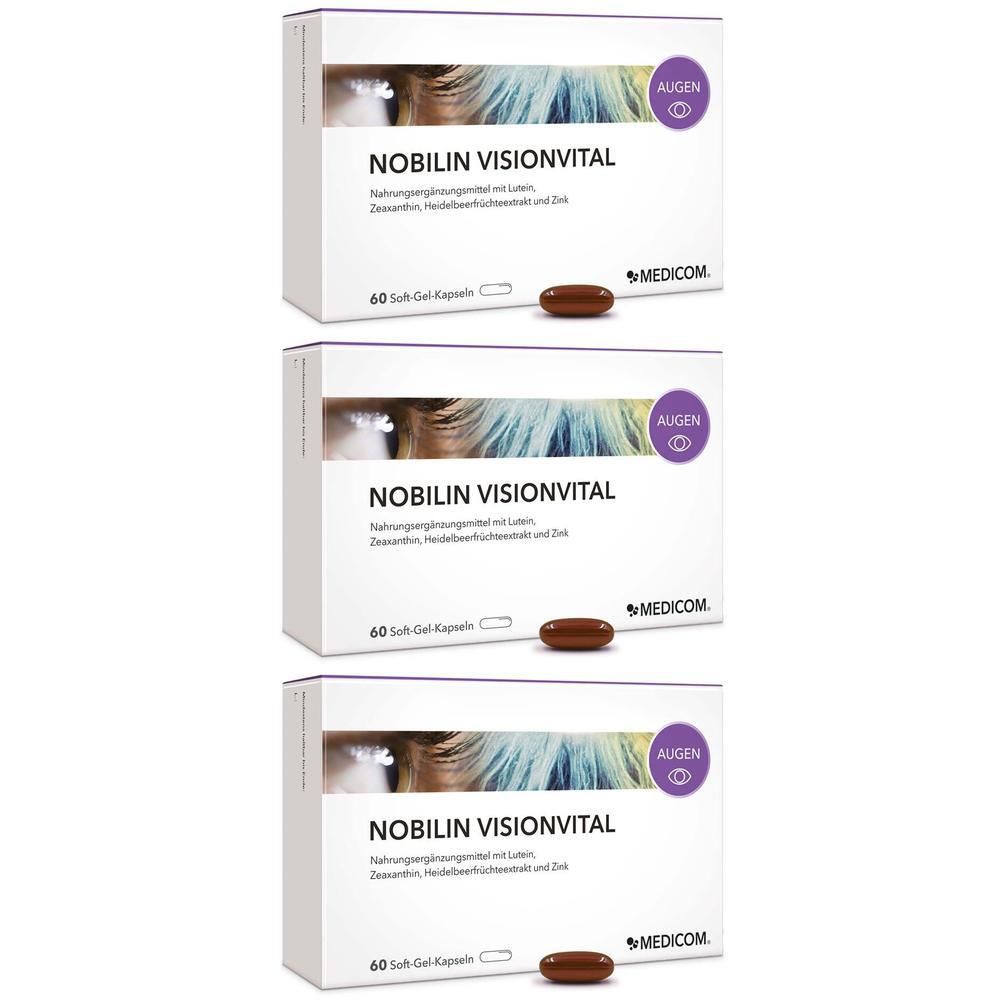 Drei Packungen Nobilin Visionvital mit je 60 Weichkapseln für die Augen.