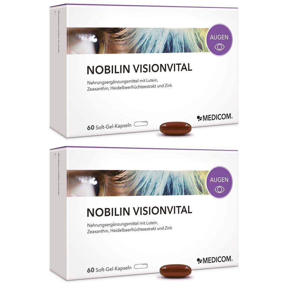 Zwei Packungen Nobilin Visionvital, 60 Weichkapseln pro Packung. Enthält Lutein, Zeaxanthin, Heidelbeer-Extrakt und Zink.