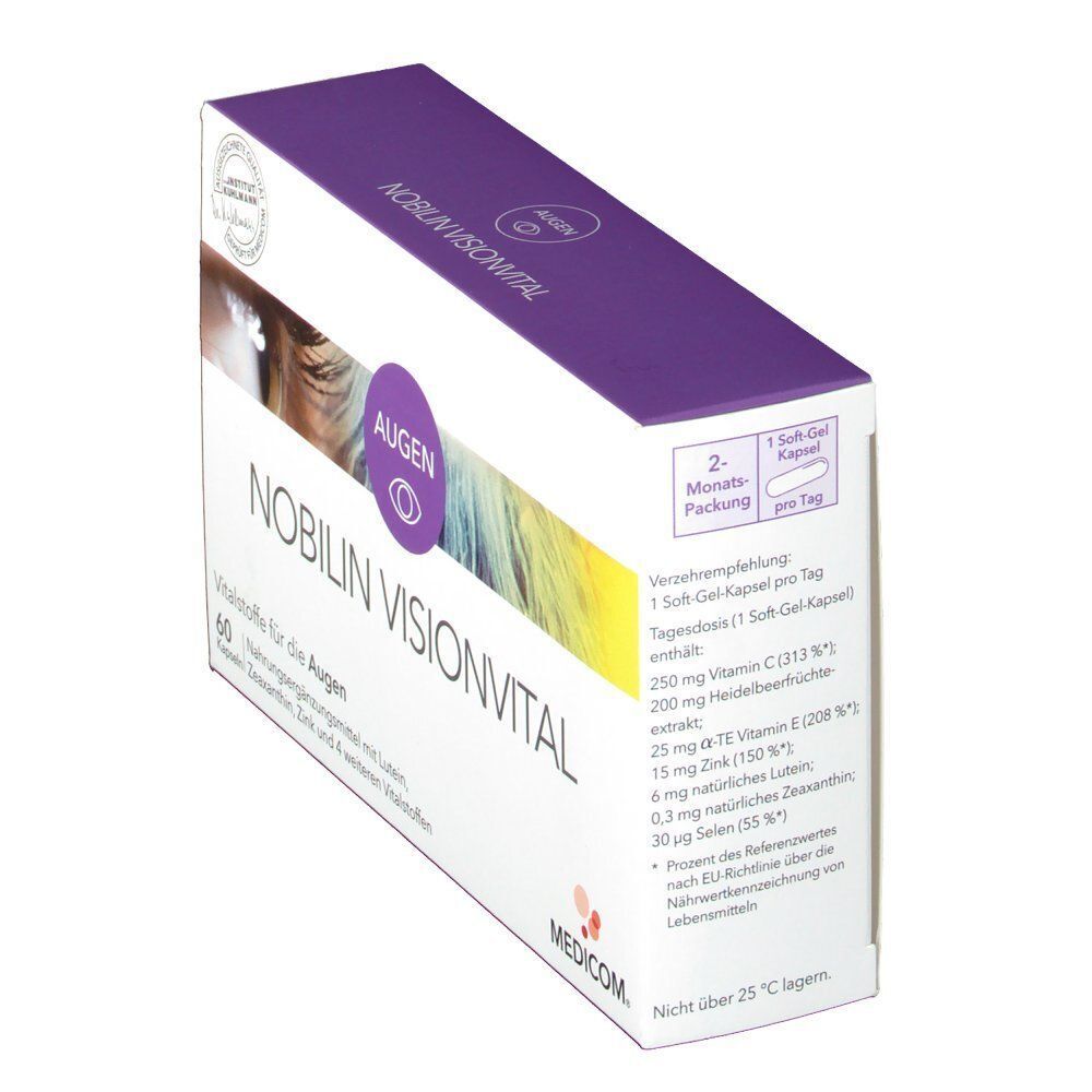 Packung Nobilin Visionvital, 60 Weichkapseln. Enthält Lutein, Zeaxanthin, Heidelbeer-Extrakt, Zink, Vitamin C und E.