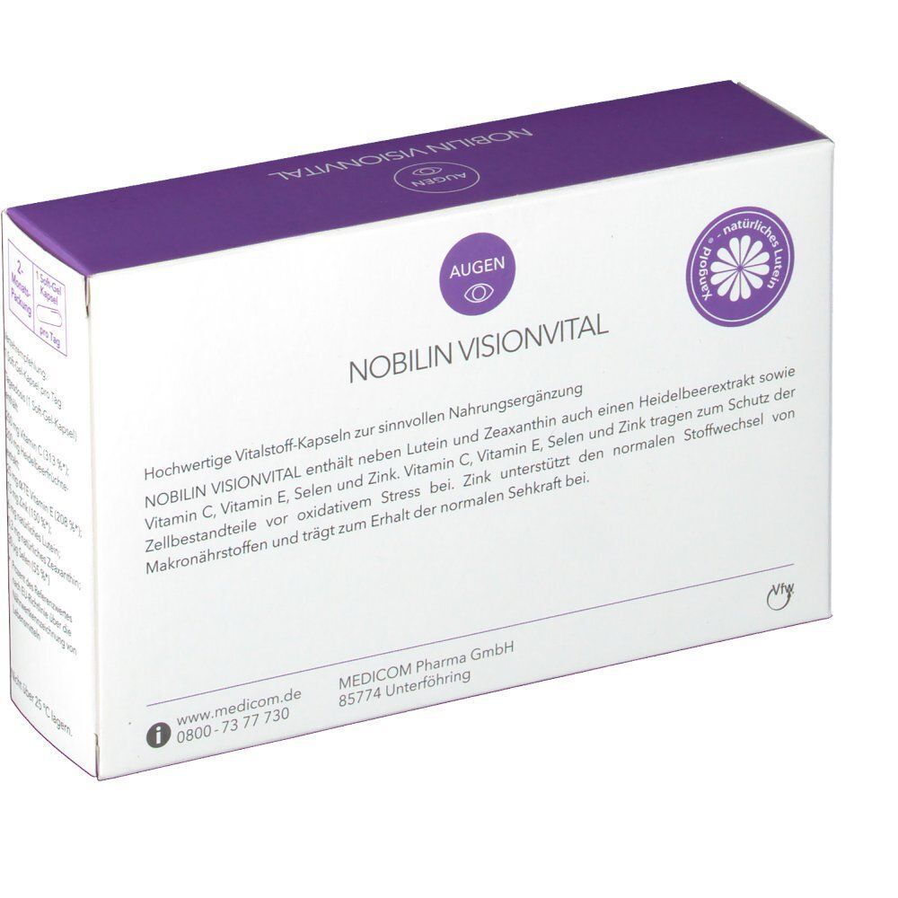 Rückseite einer Packung Nobilin Visionvital. Enthält Lutein, Zeaxanthin, Heidelbeer-Extrakt, Zink, Vitamin C und E.