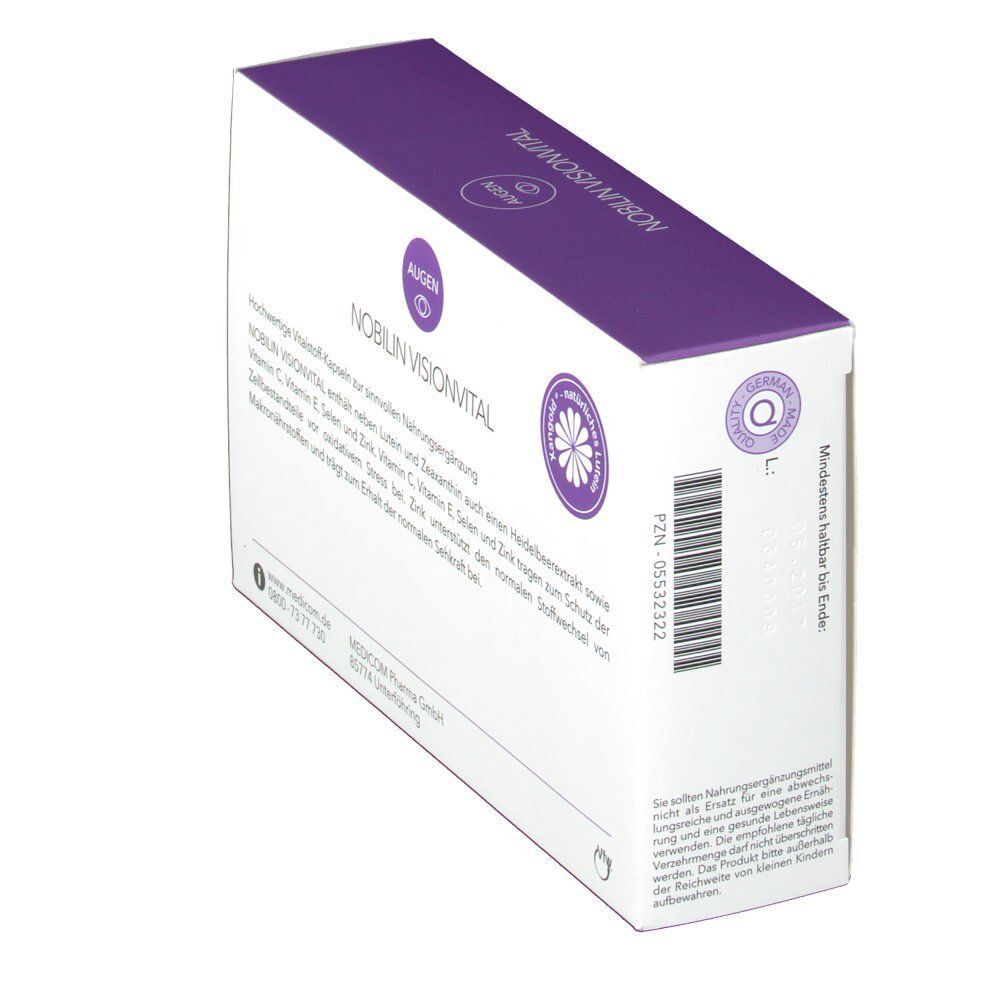 Seitenansicht einer Packung Nobilin Visionvital mit Produktinformationen und Barcode.