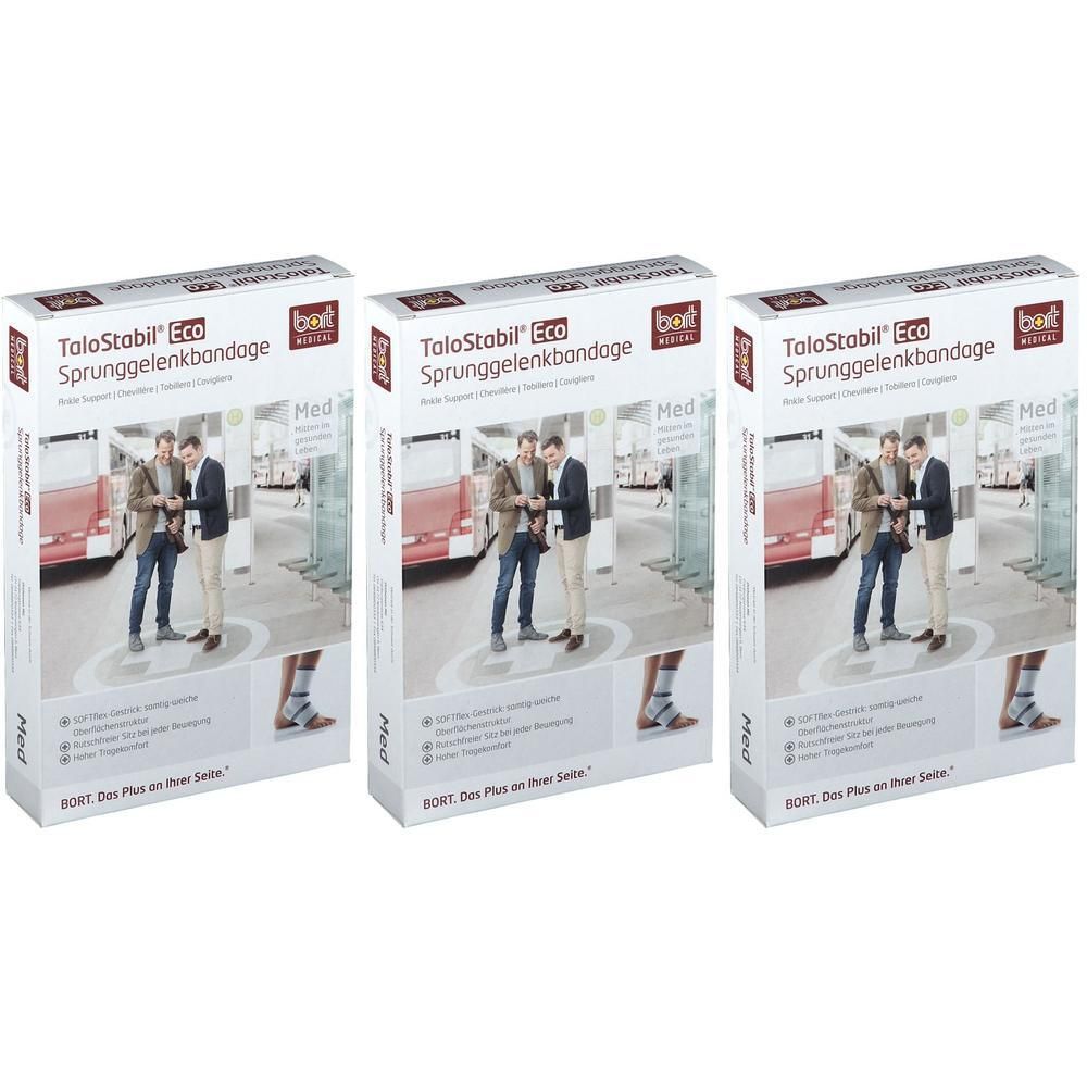 Drei Packungen BORT TaloStabil® Eco Sprunggelenkbandage. Zeigt Männer in einem Geschäft und eine Nahaufnahme eines Fußes mit Bandage.