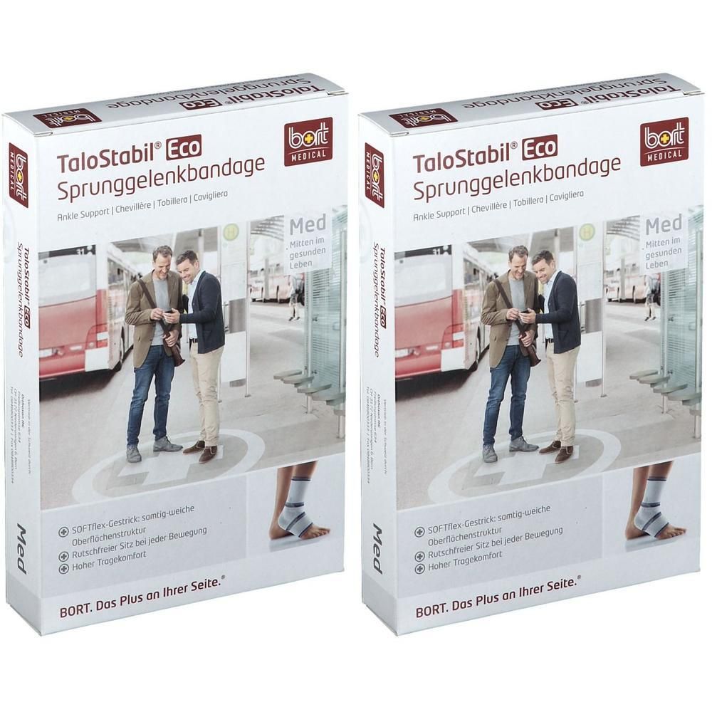 Zwei Packungen BORT TaloStabil® Eco Sprunggelenkbandage. Mit Abbildungen von Anwendern und Bandage.