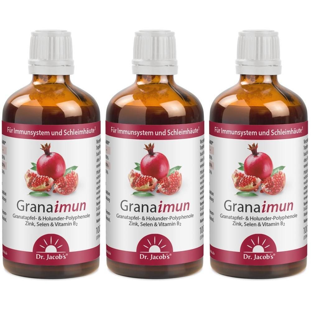 Drei Flaschen Dr. Jacob's Granaimun Granatapfel-Holunder-Polyphenole Zink, Selen & Vitamin B2.