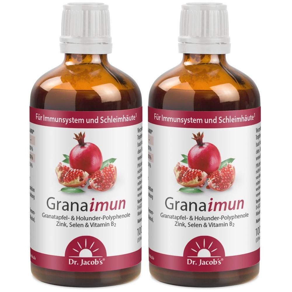 Zwei Flaschen Dr. Jacob's Granaimun mit Granatapfel, Holunder und Zink. Für Immunsystem und Schleimhäute.