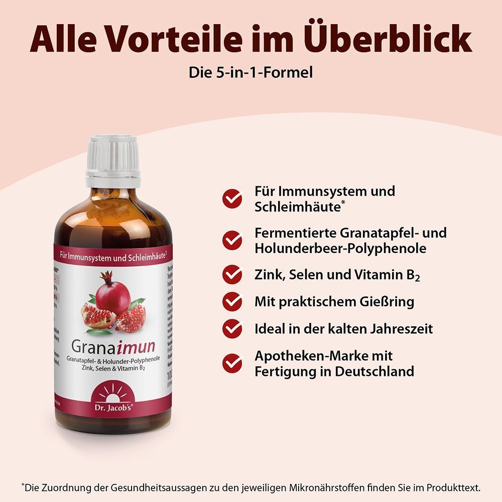Dr. Jacob's Granaimun Flasche mit Übersicht der Vorteile: 5-in-1-Formel, Granatapfel, Holunder, Zink, Selen, Vitamin B2.