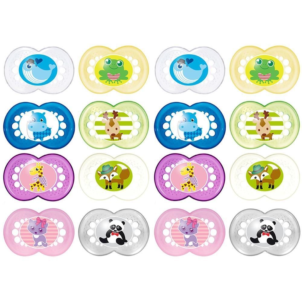 16 Schnuller mit Tiermotiven: Wal, Frosch, Nilpferd, Giraffe, Fuchs, Panda.