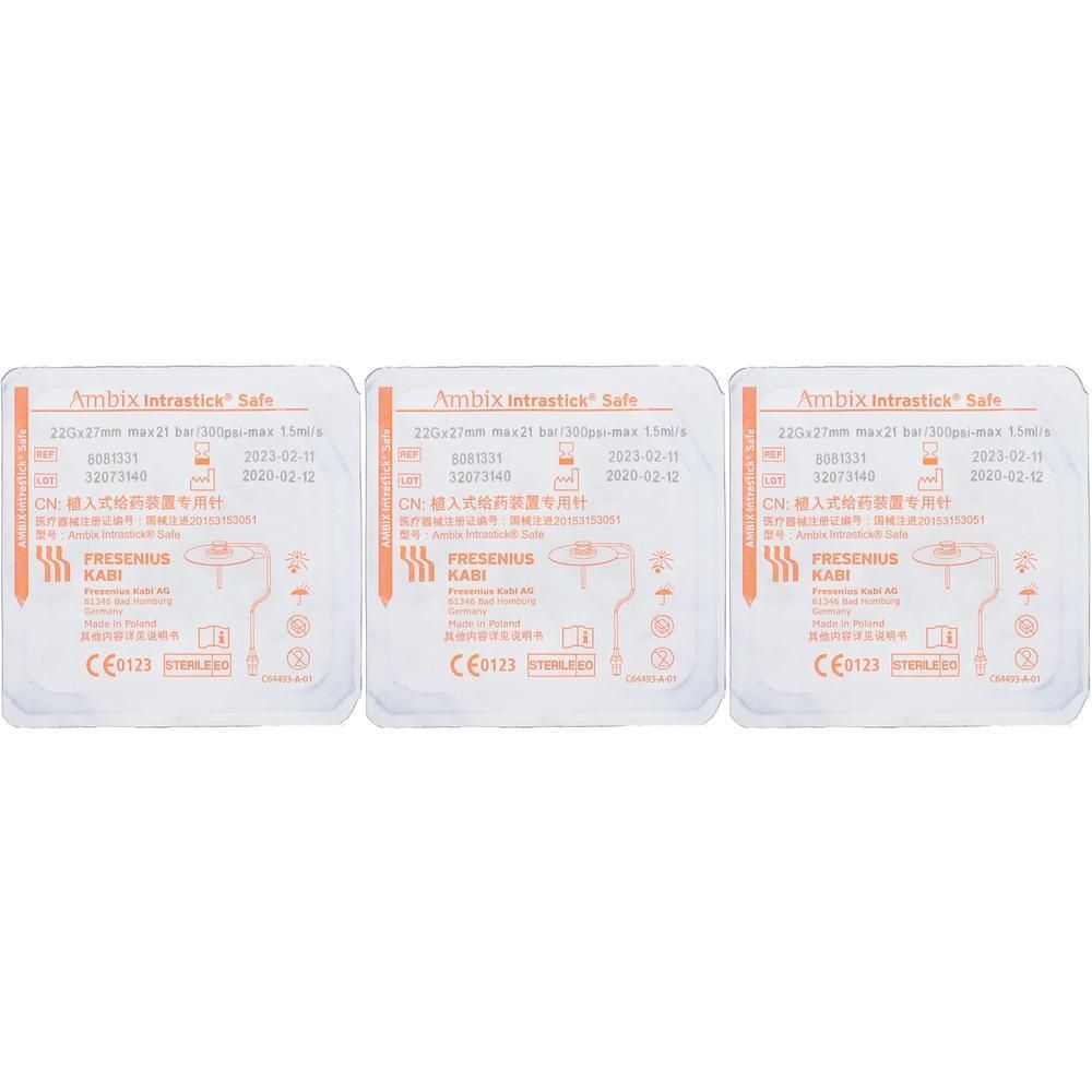 Drei sterile Ambix Intrastick® Safe Verpackungen, 22G x 27mm. Fresenius Kabi.