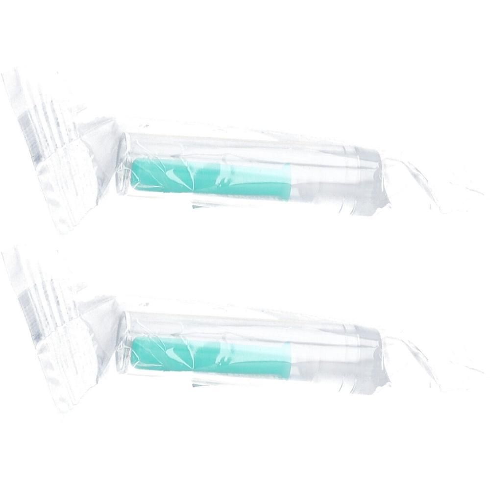 Zwei einzeln verpackte Hohlsauger mit türkisfarbenen Spitzen.