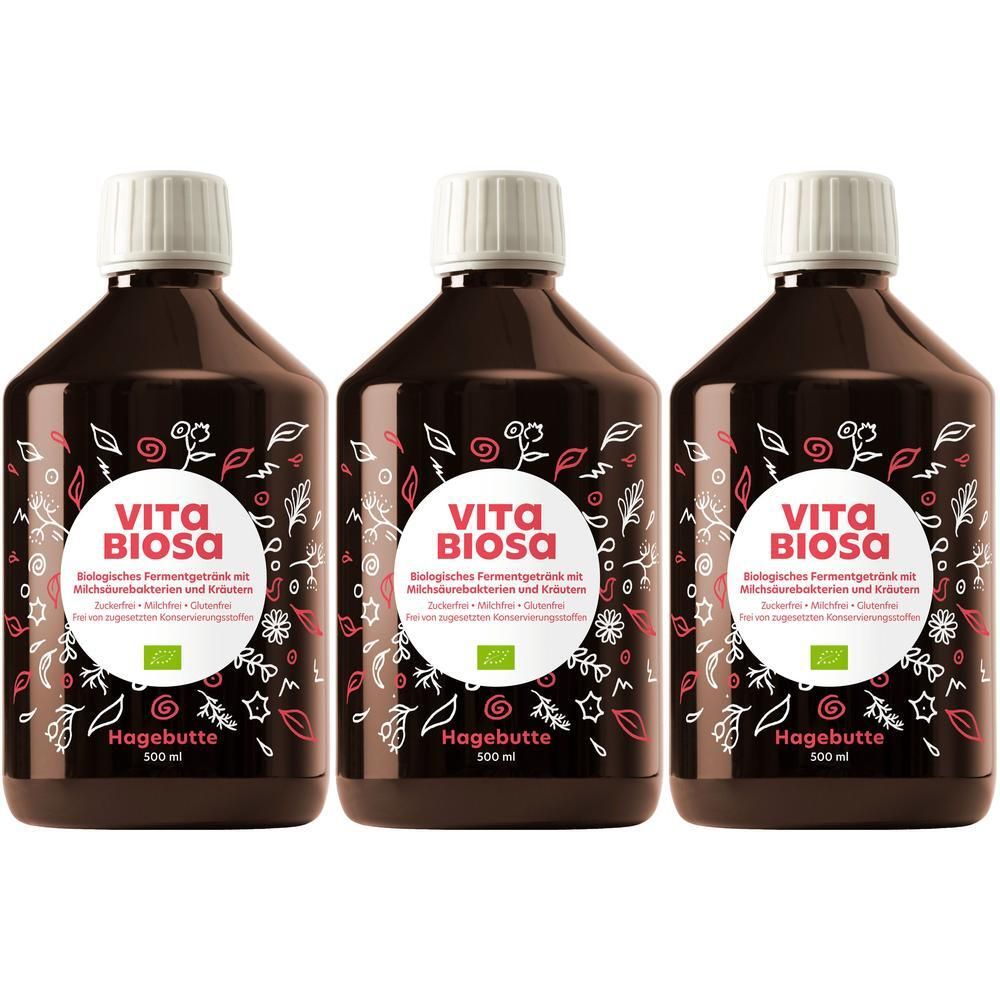 Drei Flaschen Vita Biosa Hagebutte, Bio-Fermentgetränk mit Milchsäurebakterien und Kräutern.