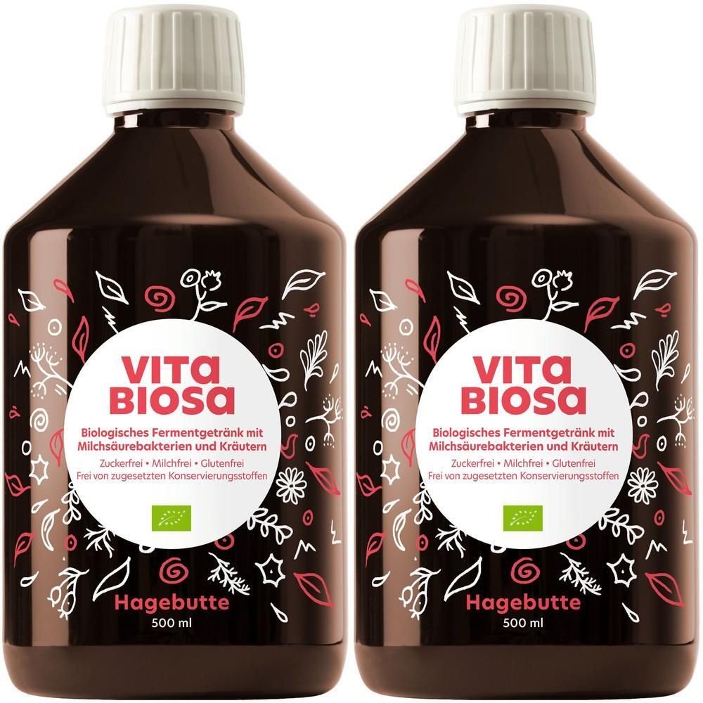 Zwei Flaschen Vita Biosa Hagebutte, 500 ml. Bio-zertifiziert.