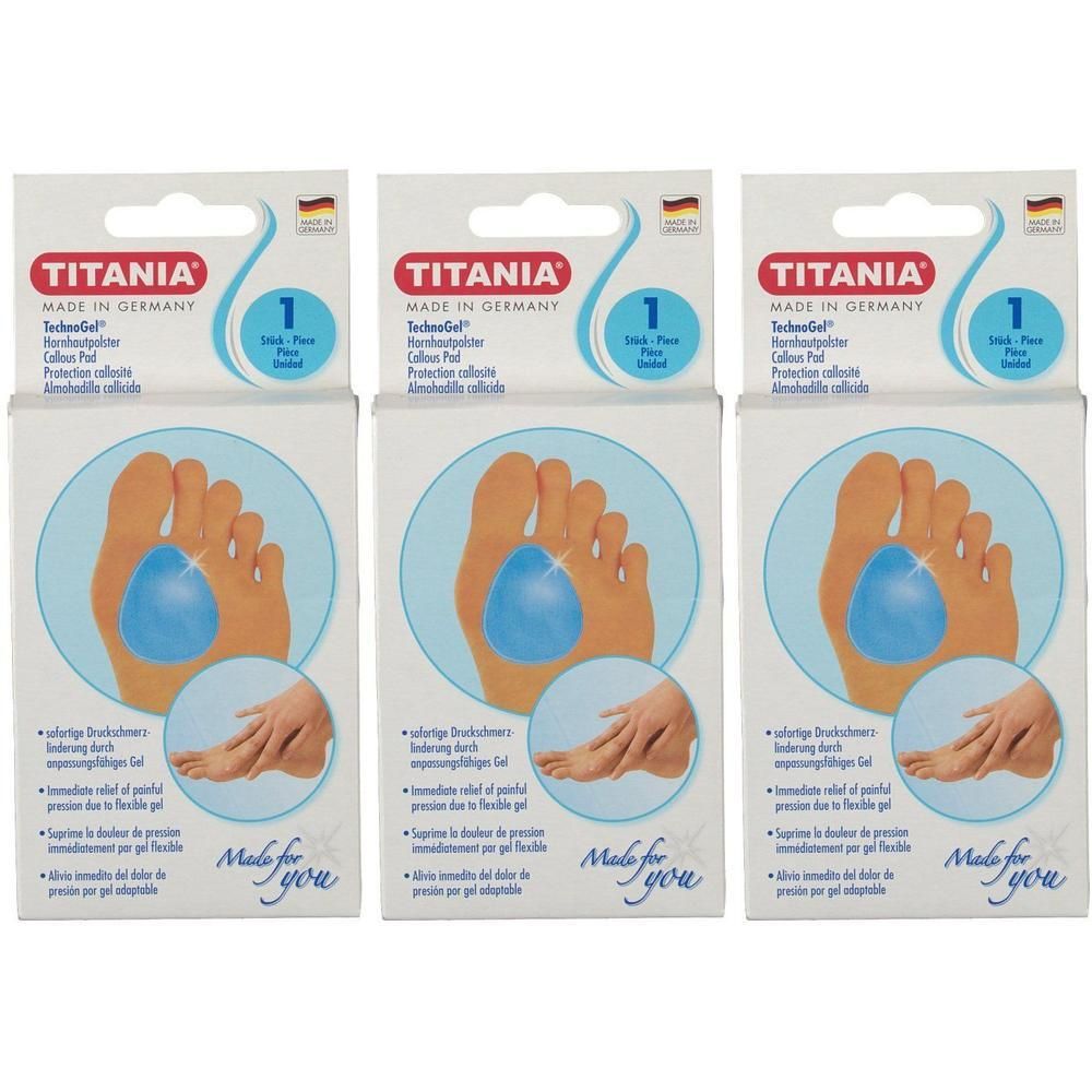 Drei Packungen TITANIA TechnoGel Hornhautpolster mit blauen Gel-Einlagen für den Fußballen.