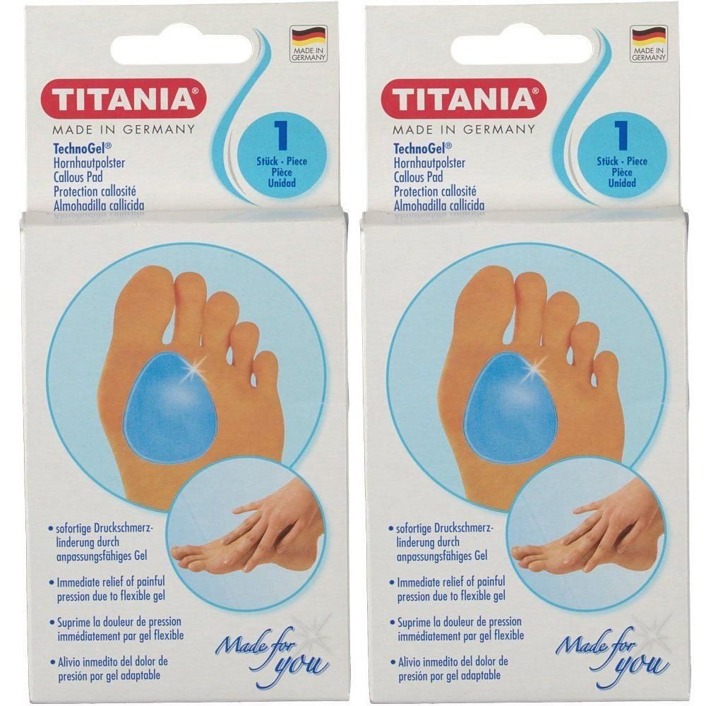 Zwei Packungen TITANIA TechnoGel Hornhautpolster, je 1 Stück. Blaue Gel-Einlage auf Fußabbildung.