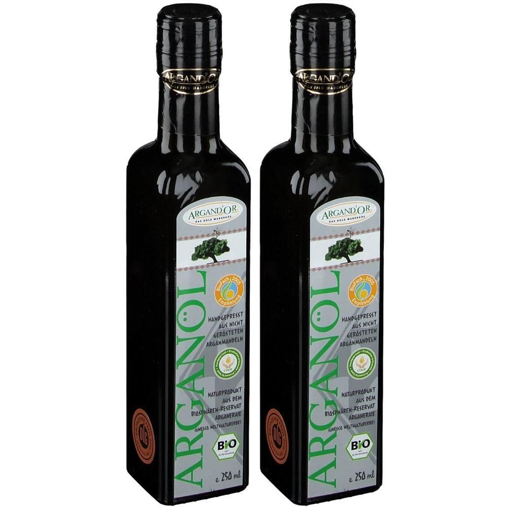 Zwei dunkle Glasflaschen mit Arganöl, jeweils 250 ml, mit Etikett und Schraubverschluss.