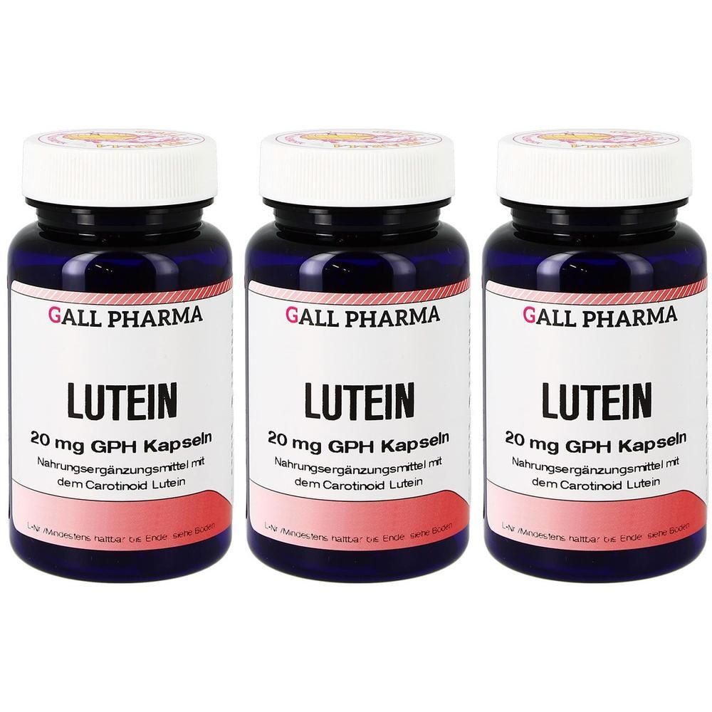 Drei Flaschen GALL PHARMA LUTEIN 20 mg GPH Kapseln mit weißen Deckeln und blauen Körpern.