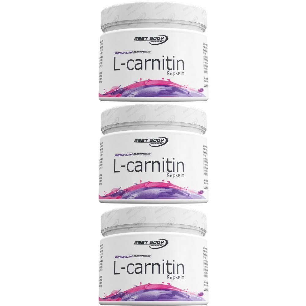 Drei Behälter Best Body Nutrition L-Carnitin Kapseln, weiße Schraubdeckel, weiße Etiketten mit lila-pinker Grafik.