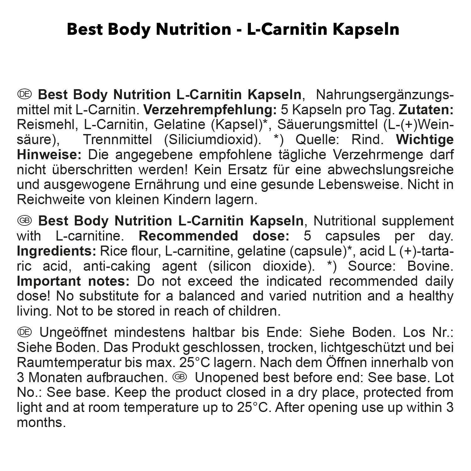 Rückseite eines Behälters Best Body Nutrition L-Carnitin Kapseln mit detaillierten Nährwertangaben und Anwendungshinweisen.