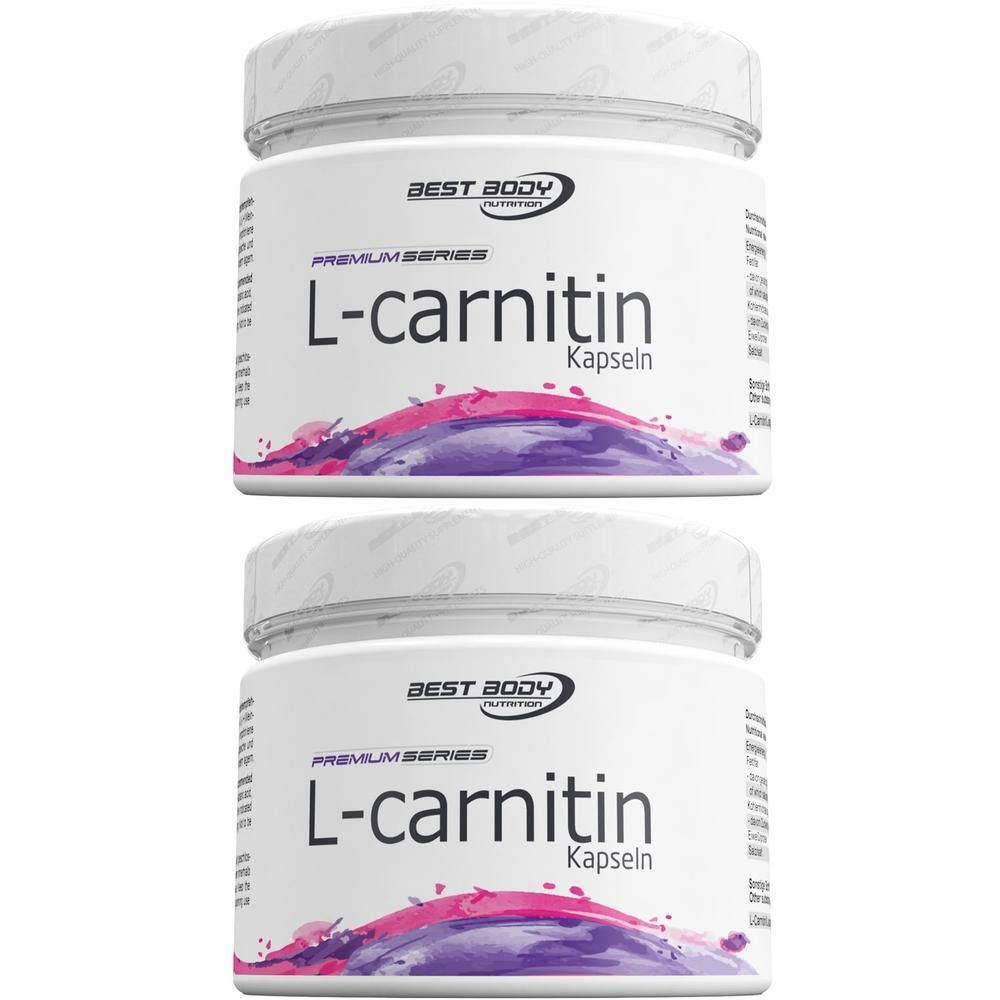 Zwei Behälter Best Body Nutrition L-Carnitin Kapseln mit weißem Deckel und Etikett mit pink-violetter Welle.
