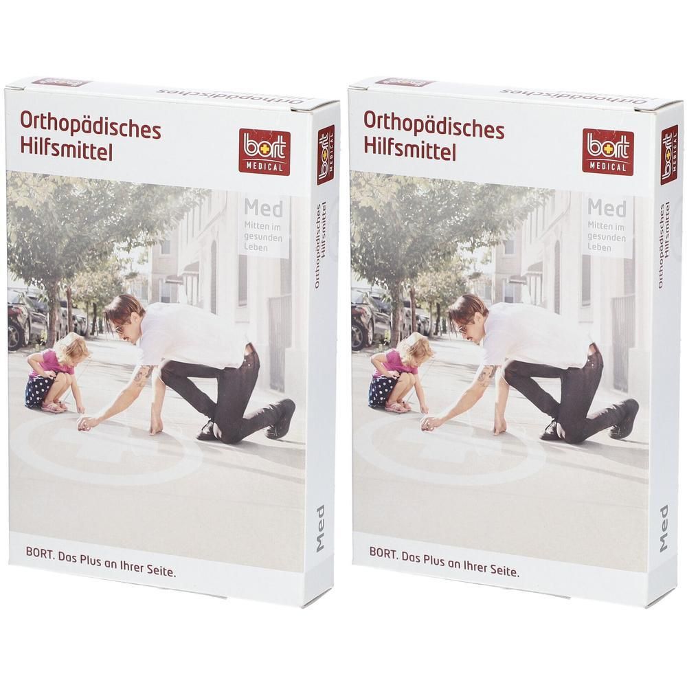 Zwei Packungen BORT Orthopädisches Hilfsmittel Med. Weiße Kartons mit Produktabbildung und Logo.