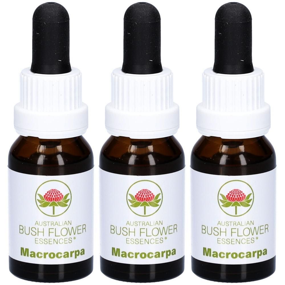 Drei braune Glasflaschen mit Pipettenverschluss, Etikett mit roter Blüte und Text "Macrocarpa".
